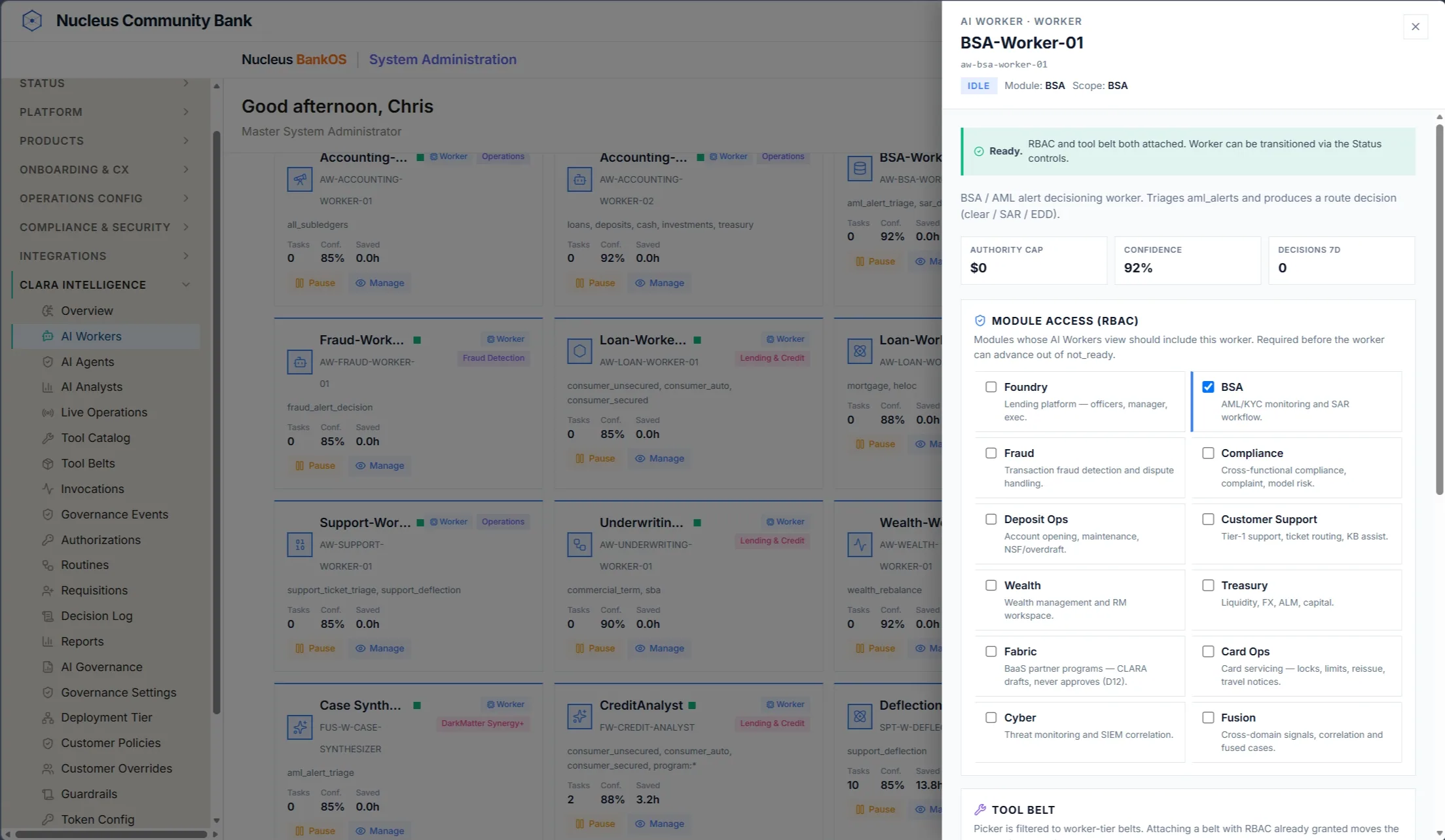 CLARA AI workers with module access and authority settings