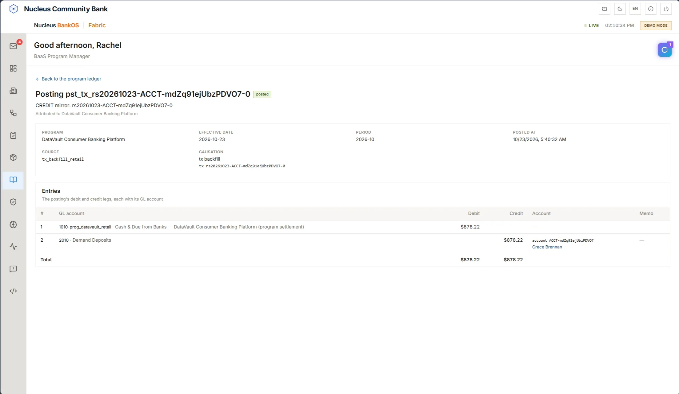 Fabric program posting with its general-ledger entries