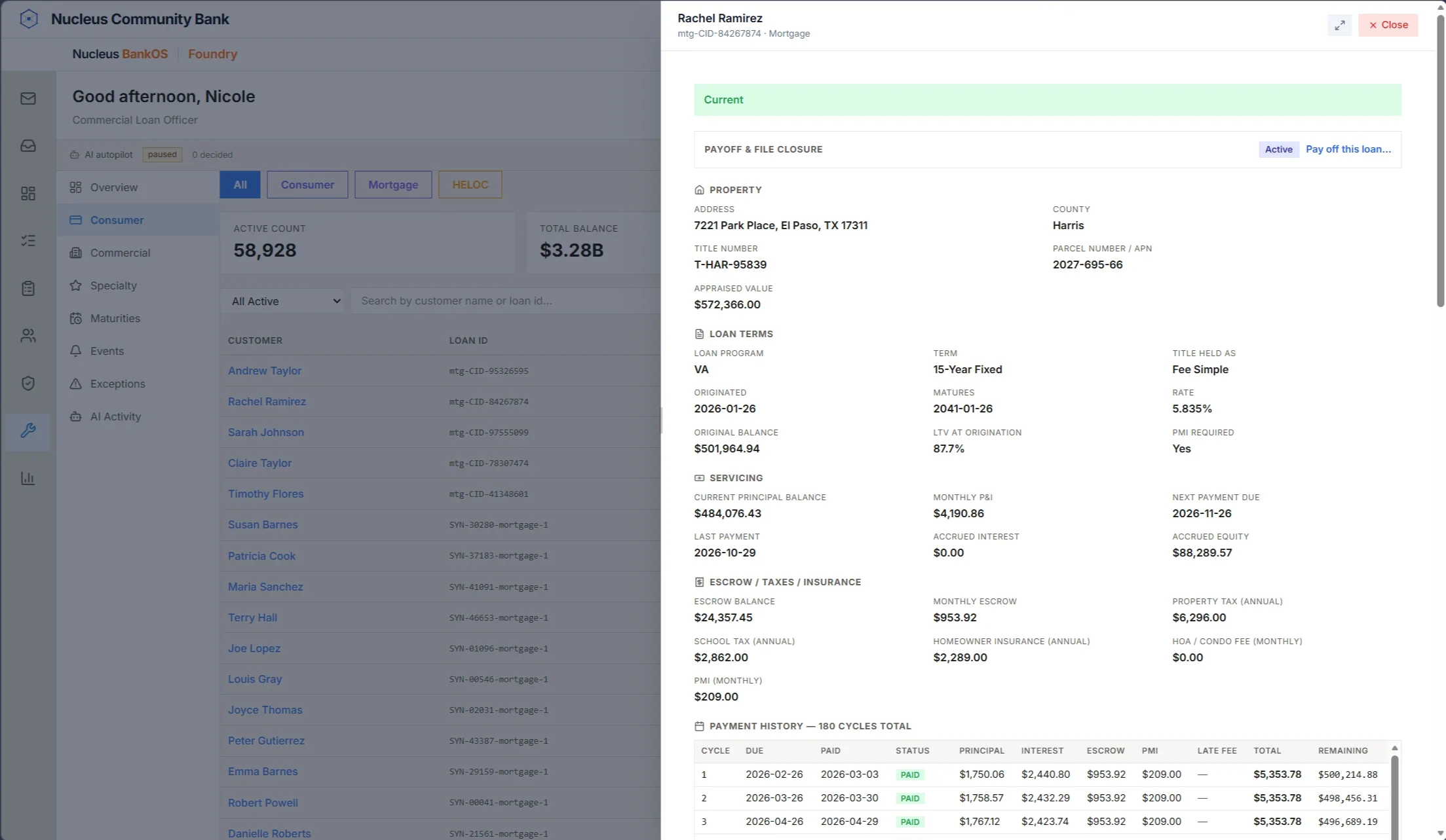 Foundry loan servicing record with escrow and payment history