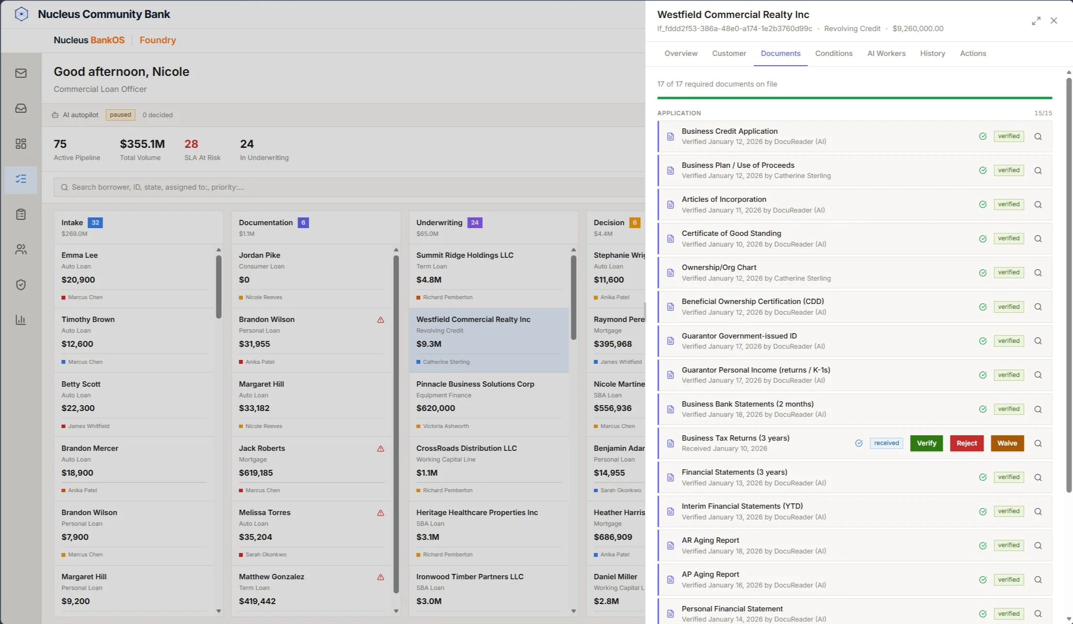 Foundry underwriting pipeline with a loan file and document checklist