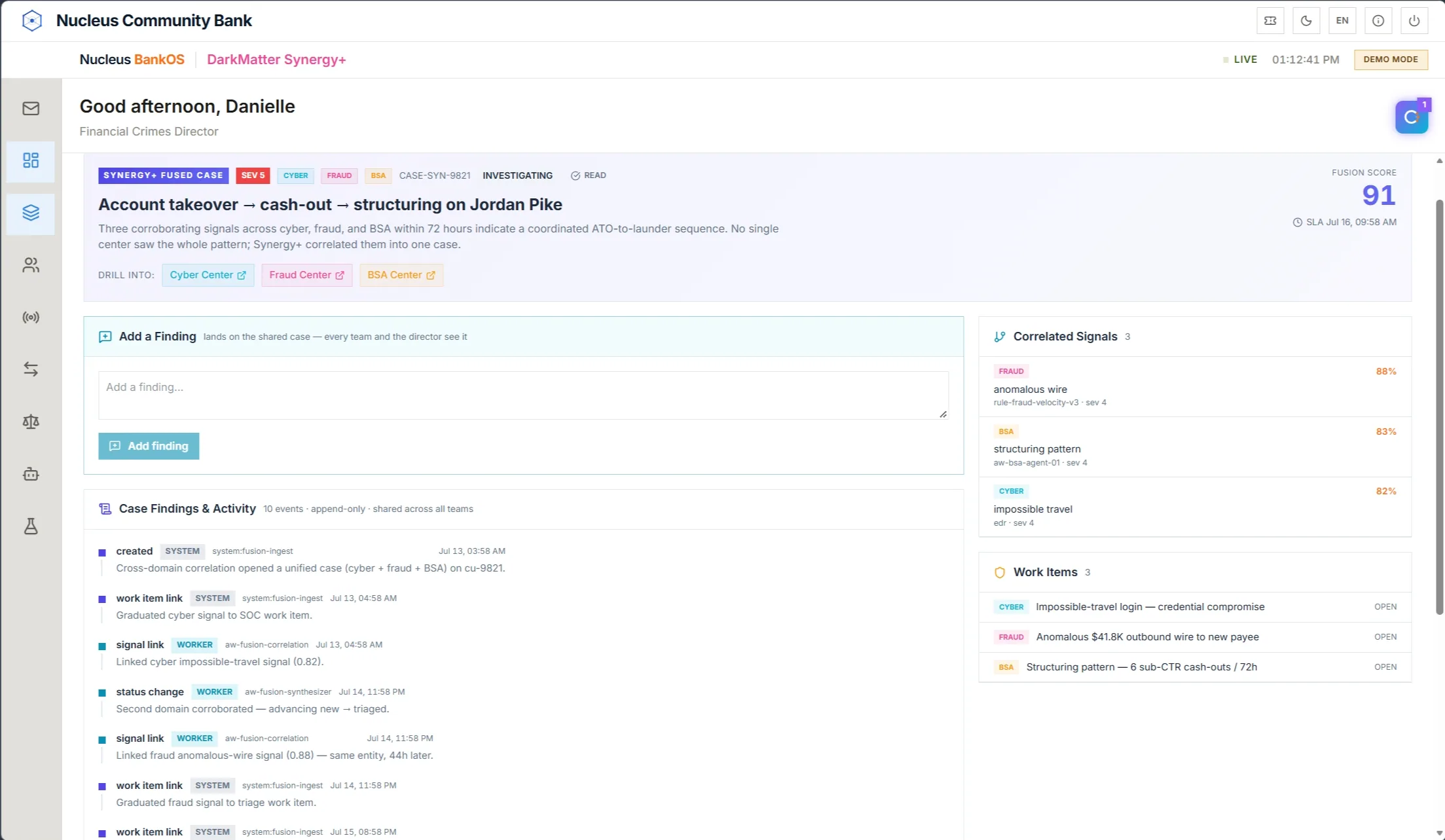 DarkMatter Synergy+ fused case correlating cyber, fraud and BSA signals