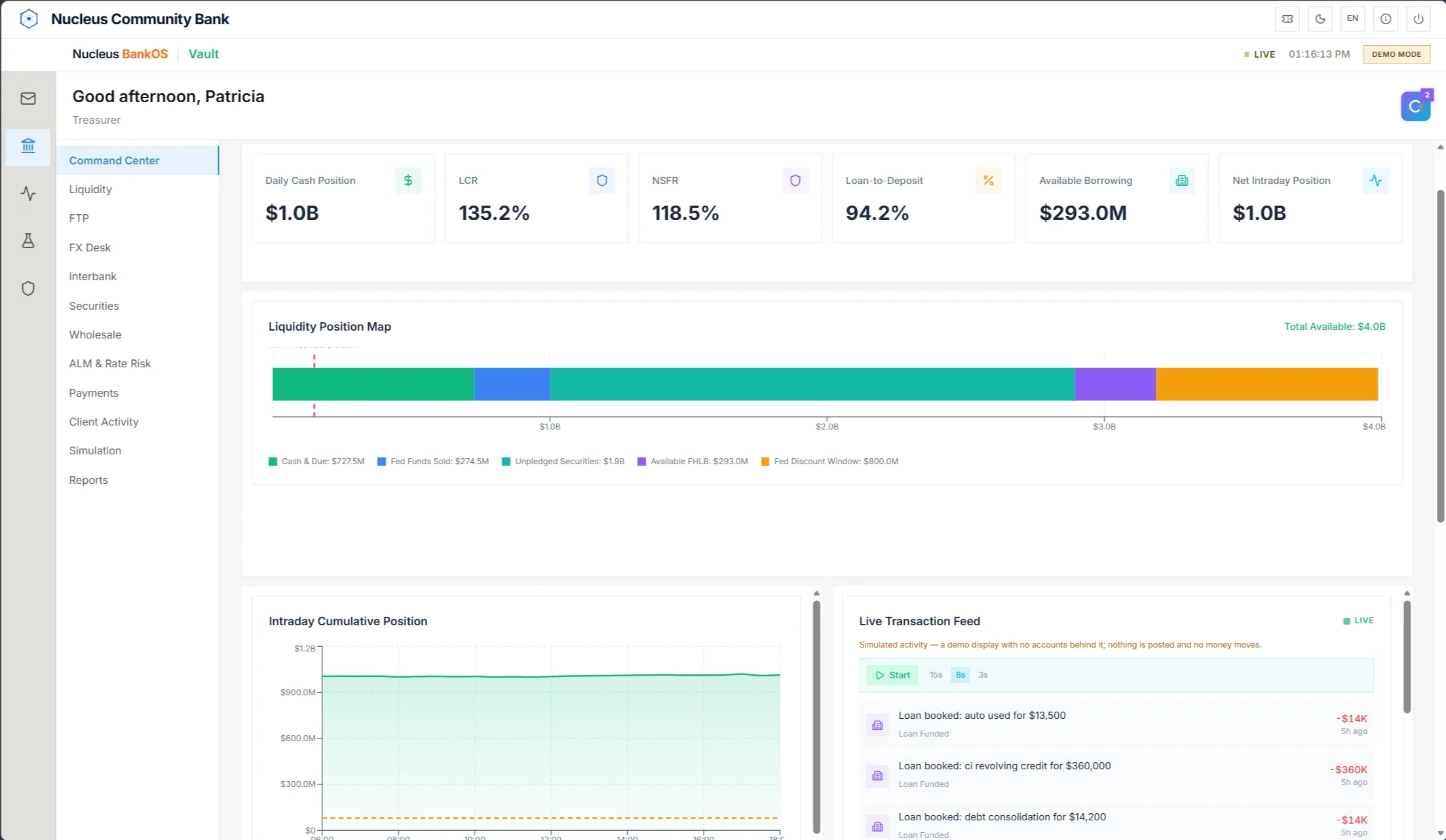 Vault treasury command center with liquidity position and intraday cash