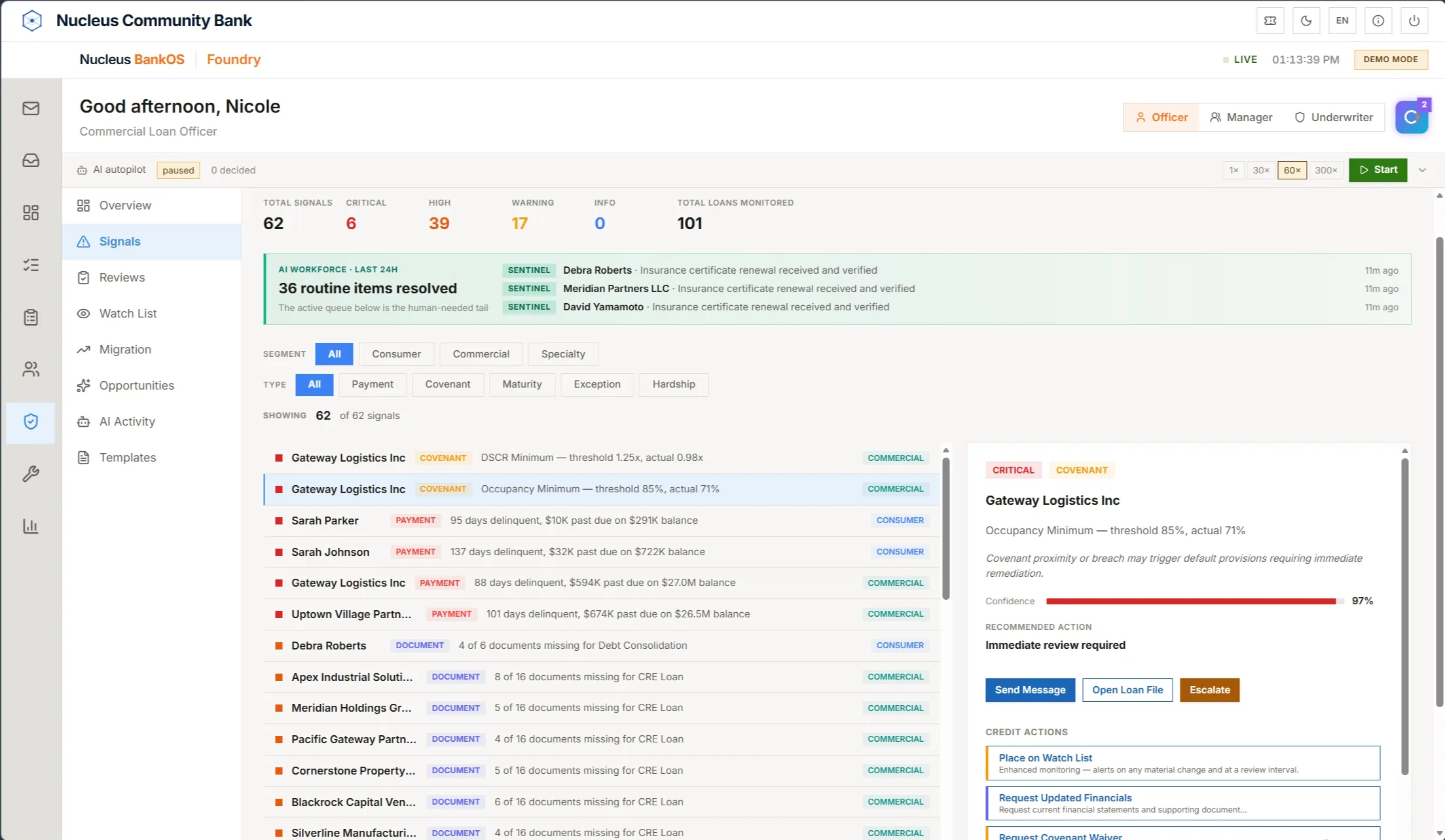Foundry Credit Intelligence signals with covenant and payment alerts