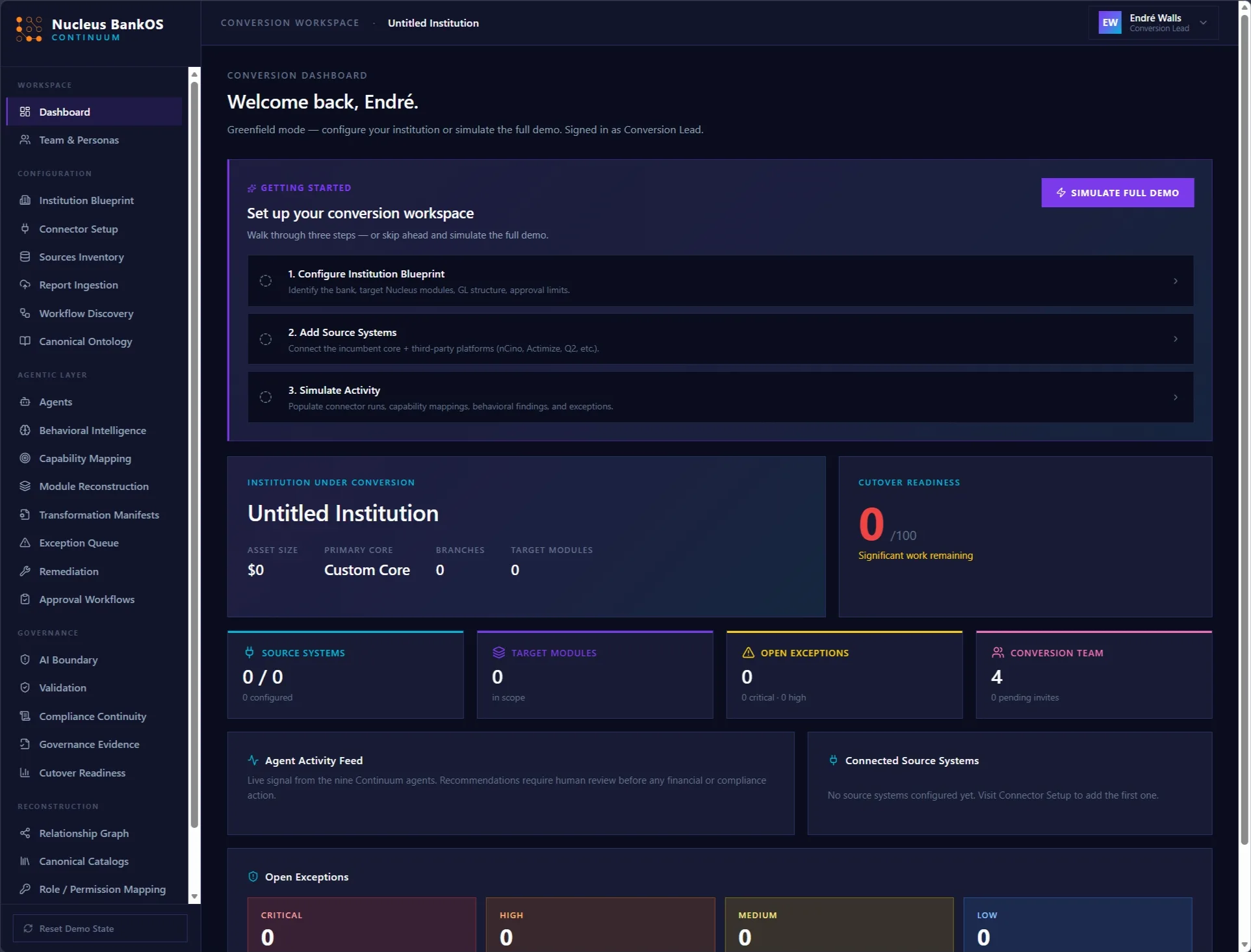 Continuum core-conversion console showing agentic mapping and conversion progress