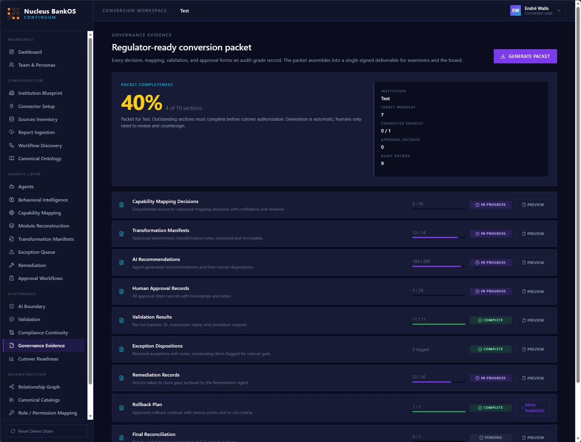 Continuum conversion progress dashboard with SME check-ins by area